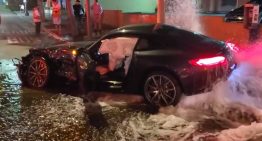 Mercedes-AMG GT lands on fire hydrant and floods the area